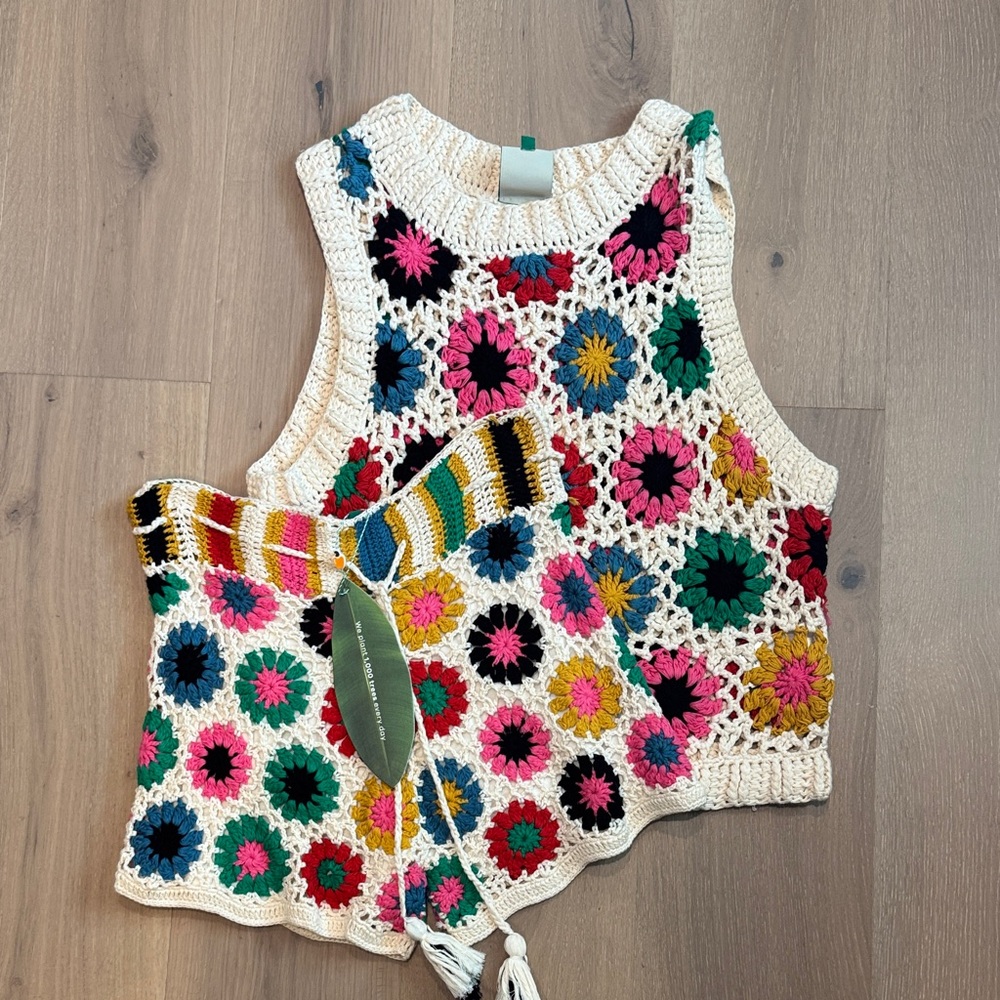 Farm Rio Colorful Crochet Floral Vest and shorts